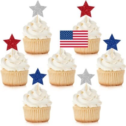 Whaline 140Pcs Patriotic Cupcake Topper Glitter Star American Flag Cupcake Picks 4th of July Food Picks with Sticks Glue Point for Independence Day Memorial Day Party Supplies Cake Decoration