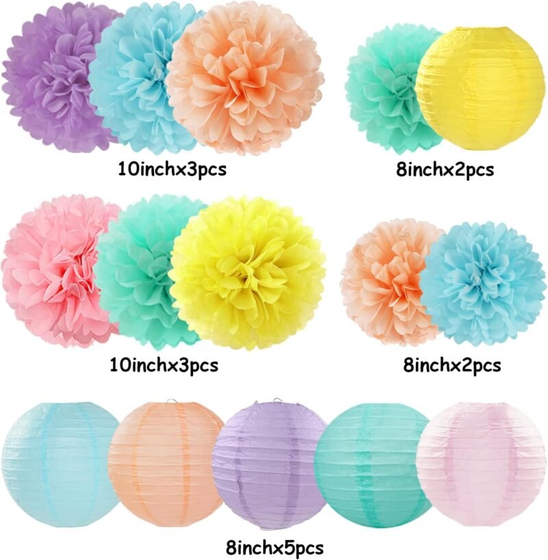 Pastel Rainbow Colorful Party-Decorations Paper Flowers Lanterns - 15PCS Birthday Classroom Baby Shower Tissue Pom Poms Streamers, Macaron Carnival Theme Hanging Supplies Decor Hugfond - Image 6