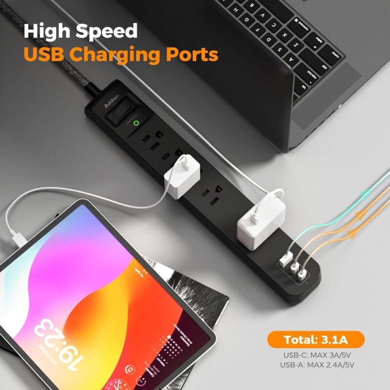 2 Pack Power Strip Surge Protector - 5 Widely Spaced Outlets 3 USB Charging Ports, 1875W/15A with 6Ft Braided Extension Cord, Flat Plug, Overload Surge Protection, Wall Mount for Home Office - Image 4