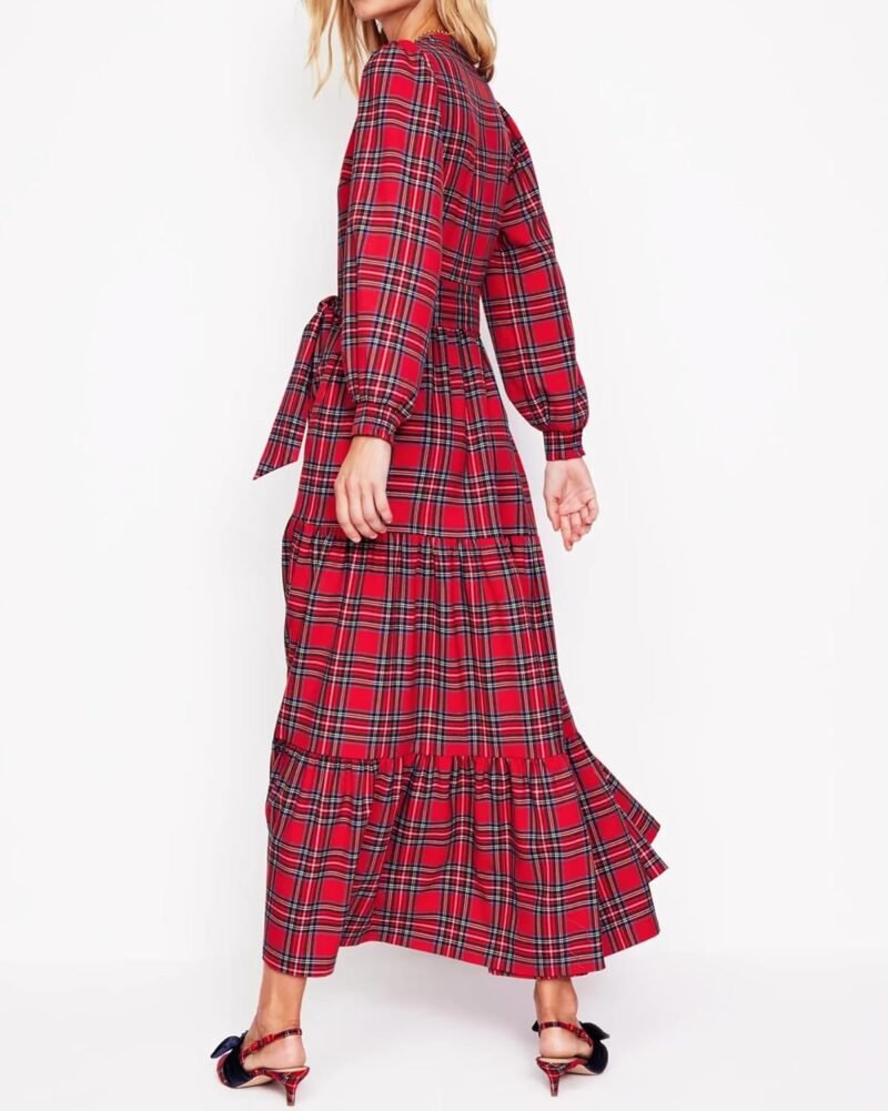 Women's Plaid Maxi Dress Button Up Tiered Ruffle Flowy Check Dresses Chirstmas Tartan Long Dress with Tie Belt - Image 4