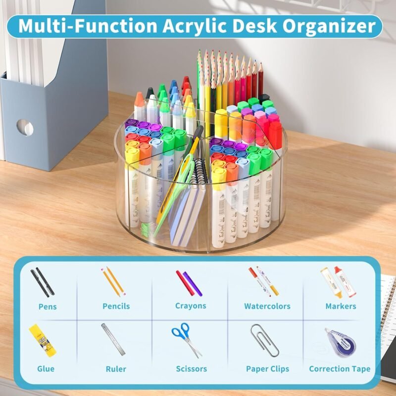 Acrylic Pen Holder for Desks, Acrylic Desk Organizer Clear, 360 Degree Pencil Holder for Desk Kids, Rotating Desk Organizer Rotating Pen Holder for Desk, Art Supply Storage Organizer 6 Compartments - Image 3