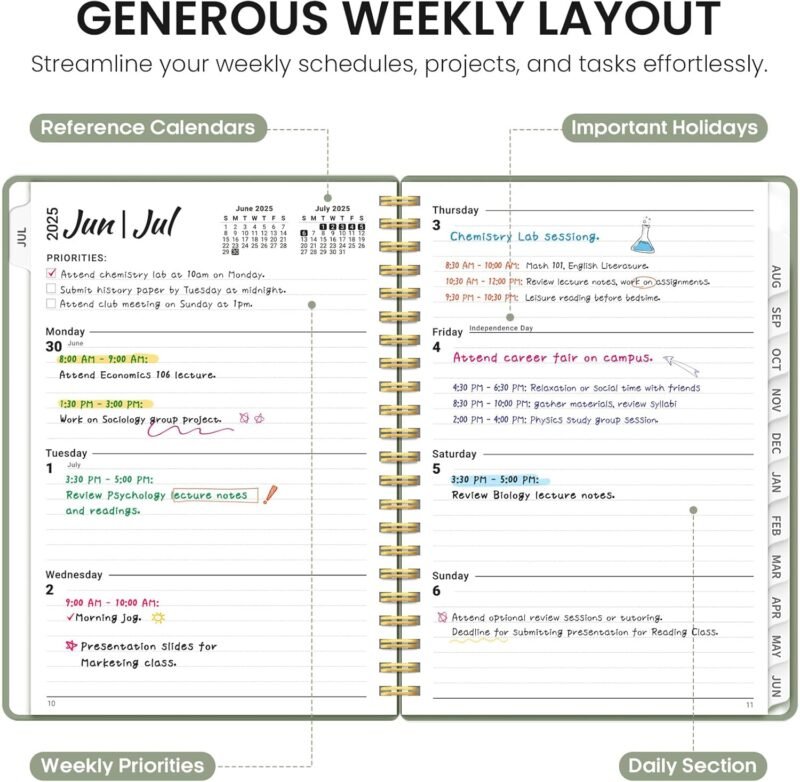 Planner 2025-2026, Academic Year Weekly and Monthly Calender Planner, July 2025 - June 2026, Spiral Bound School Planning Tool, Perfect for Teacher, Student, Women & Men - A5 (6.3" x 8.5"), Green - Image 3