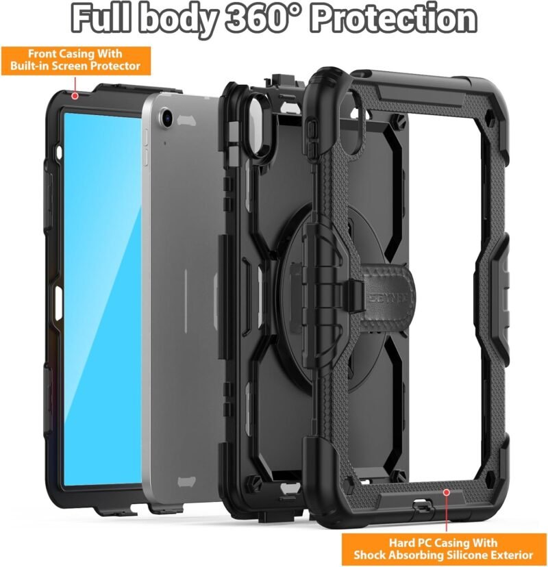 SEYMAC for iPad (A16) 11th/10th Generation Case 2025/2022 (11″/10.9″), Sturdy Heavy Duty Full-Body Shockproof Protective Case with Screen Protector, Rotating Stand, Hand/Shoulder Strap, Black - Image 5