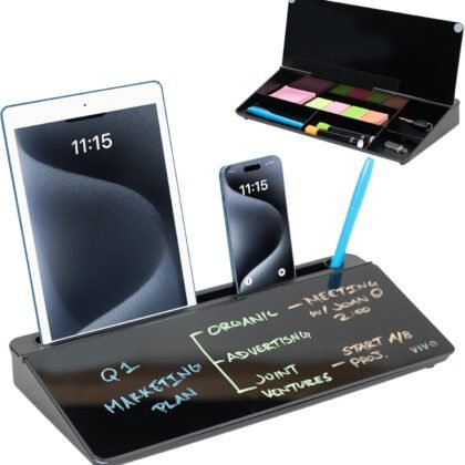 Vivo Glass 16 x 7 inch Dry Erase Board with Storage, Desktop Whiteboard Organizer with Hidden Compartments and Device Slot, Black, DESK-WB16B