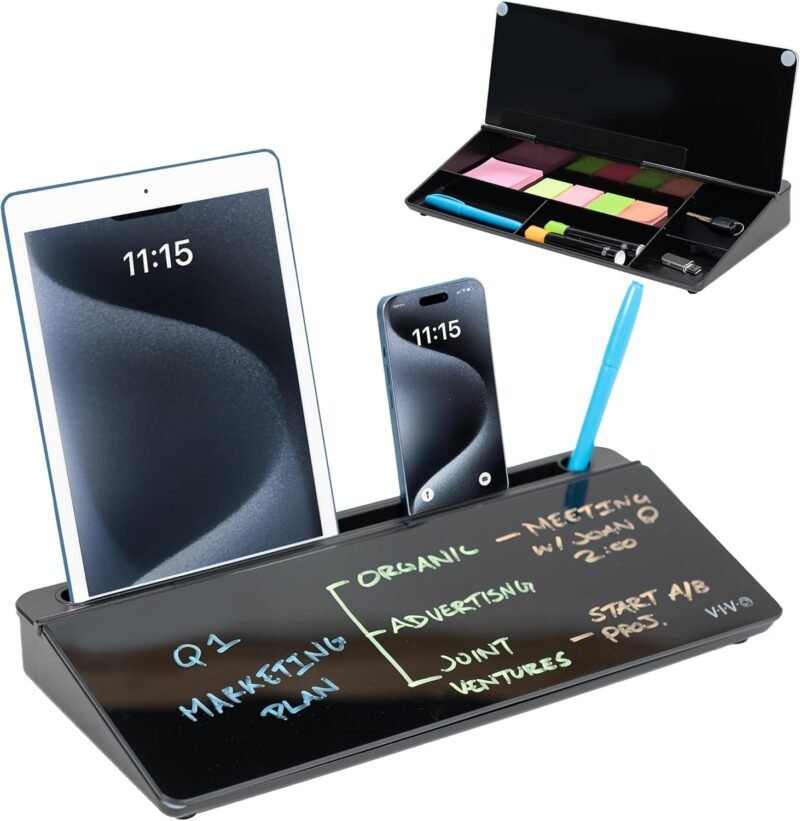 Vivo Glass 16 x 7 inch Dry Erase Board with Storage, Desktop Whiteboard Organizer with Hidden Compartments and Device Slot, Black, DESK-WB16B