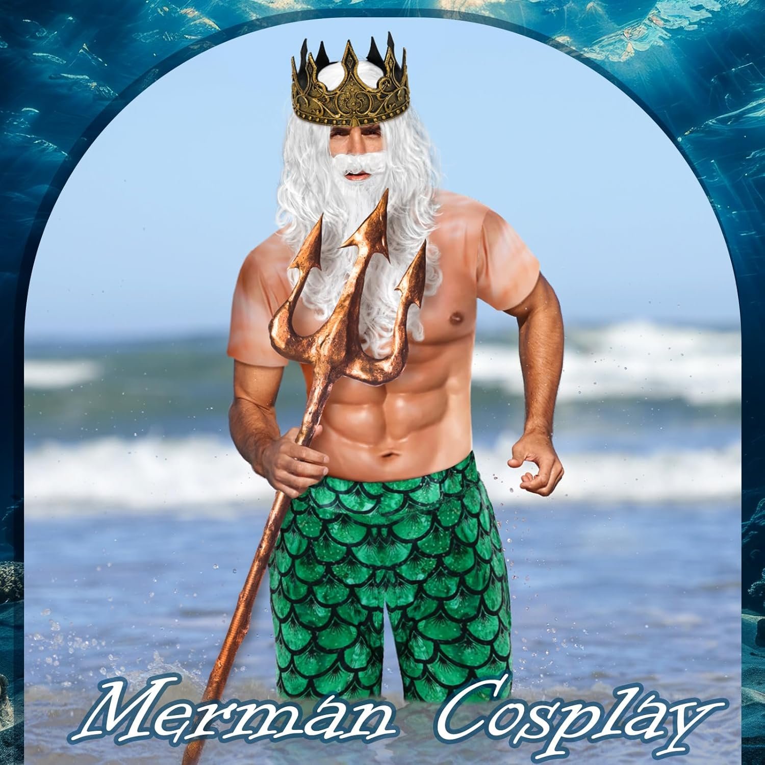 4 Pcs Halloween Poseidon Costumes Deluxe Merman Kit Neptune God of Sea Cosplay for Men - Image 6