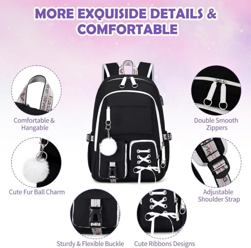 Backpacks for Girls, Girls Backpack with Lunch Box and Pencil Case for Teen Kids Elementary Middle High School College Student, Children School Backpack Bookbag with USB Charging Port (Black) - Image 4