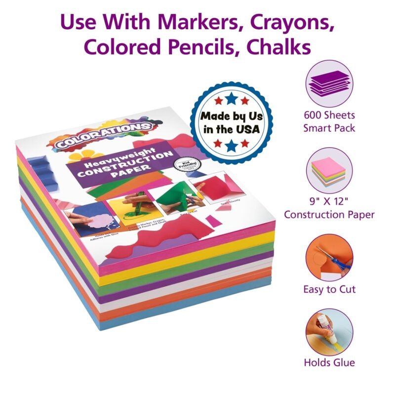 Colorations Construction Paper for Kids - 7 Bright Colors - 600 Bulk Sheets of 9"X12" - Assorted Pack of Heavy-Duty Craft Paper, Bulk School Supplies - Image 2