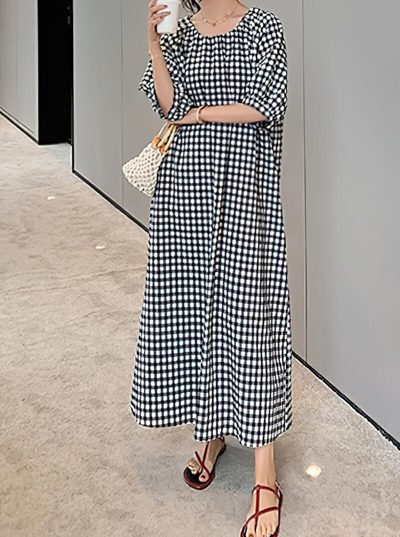 chouyatou Women's Casual Gingham Loose-Fit Swing Dress Cotton Lantern Puff Sleeve Plaid Midi Long Dress - Image 7