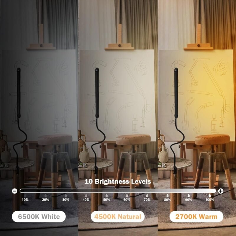 LED Desk Lamp with Clamp, Clamp Light with 30 Adjustable Color Modes, Clip on Light with Long Flexible Gooseneck, Eye Care Lamp Clamp for Study, Work, Home, Office, Black, 12W - Image 3