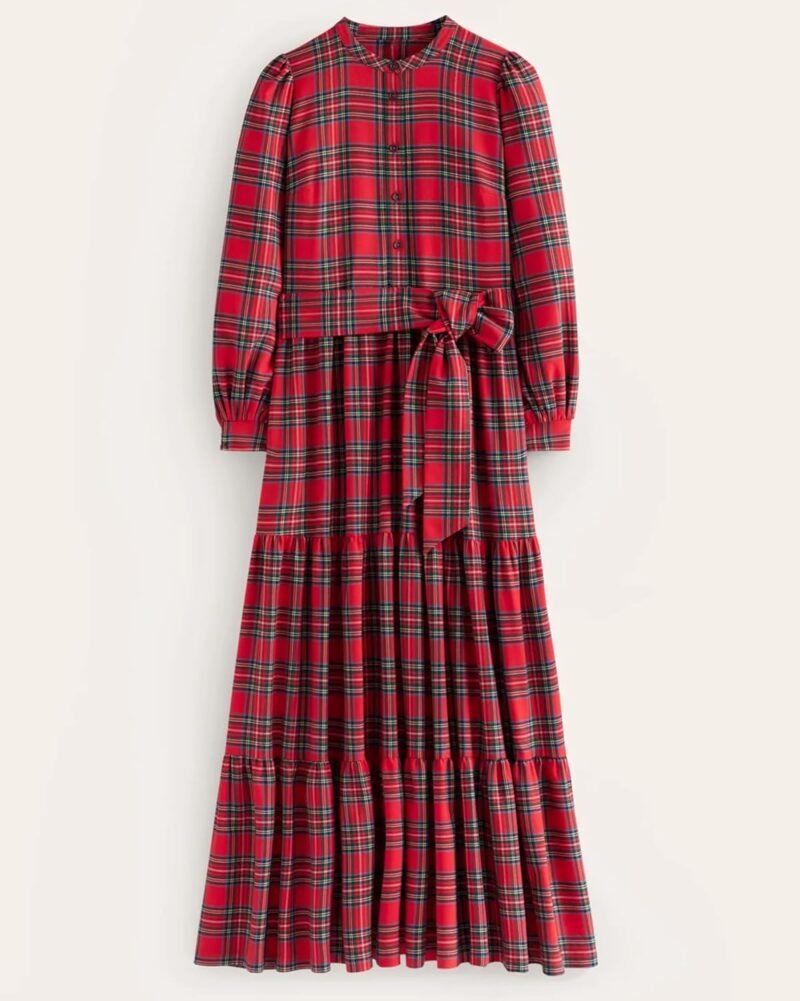 Women's Plaid Maxi Dress Button Up Tiered Ruffle Flowy Check Dresses Chirstmas Tartan Long Dress with Tie Belt - Image 7