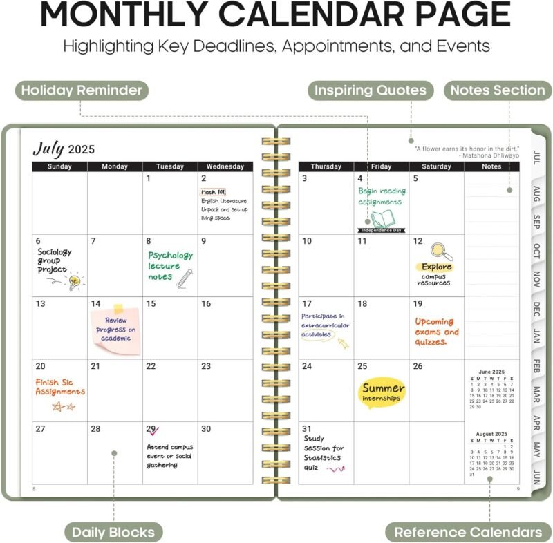 Planner 2025-2026, Academic Year Weekly and Monthly Calender Planner, July 2025 - June 2026, Spiral Bound School Planning Tool, Perfect for Teacher, Student, Women & Men - A5 (6.3" x 8.5"), Green - Image 2