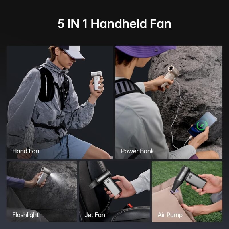 JISULIFE Portable Handheld Fan Ultra2, 9000mAh Max 25 Hrs, 5 IN 1, 100 Speed Turbo Fan Rechargeable 18W Power Bank with Flashlight, Metal Shell Multi-Function Travel Essentials Gifts for Men-Grey - Image 2
