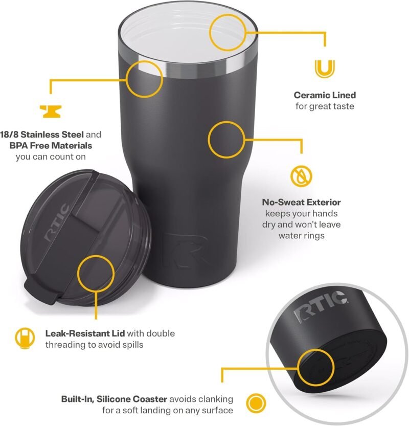RTIC 30oz Essential Tumbler with Lid, Insulated, Stainless Steel, Metal, Double Wall Vacuum-Insulation, Ceramic Lined, Travel Cup for Iced Coffee, Tea, Hot and Cold Drink, Graphite - Image 4