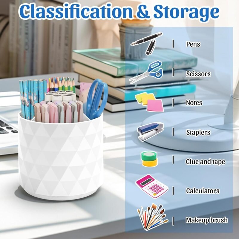 Desk Organizer,Sparkling Diamond-like Pen Holder for Desk 360°Rotating Office Accessories,Pencil Cup with 5 Compartments Storage Box Caddy for Office,School,Home,Art Supply(White) - Image 7