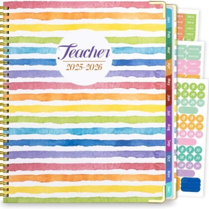 Teacher Planner 2025-2026, August 2025 to July 2026 Academic Year, 8.5" x 11" Lesson Planner Book for Teachers with Colorful Tabs, Teacher Calendar for Classroom or Homeschool, Hardcover, Color Stripe