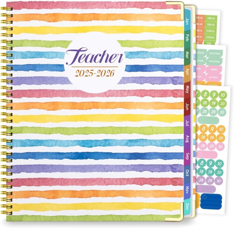 Teacher Planner 2025-2026, August 2025 to July 2026 Academic Year, 8.5" x 11" Lesson Planner Book for Teachers with Colorful Tabs, Teacher Calendar for Classroom or Homeschool, Hardcover, Color Stripe