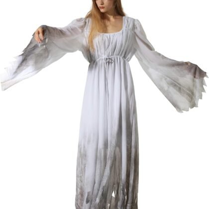 EraSpooky Women Gossamer Ghost Costume Gothic Victorian White Fancy Dress