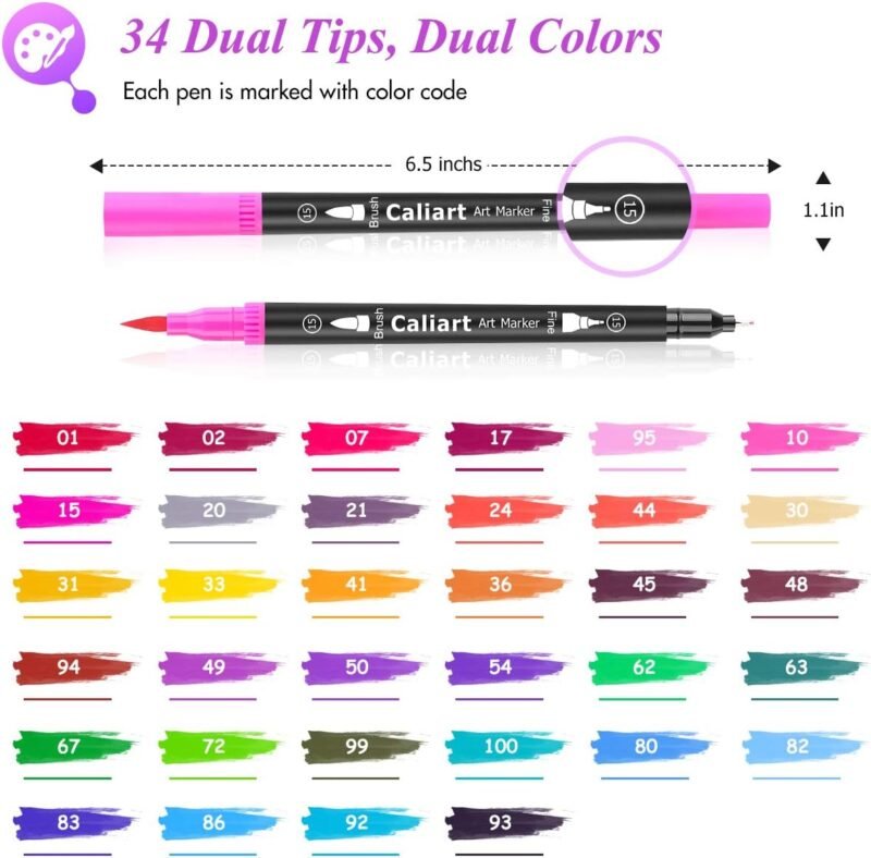 Caliart 34 Double Tip Brush Pens Art Markers, Aesthetic Cute Preppy Stuff School Supplies, Artist Fine & Brush Pen Coloring Markers for Kids Adult Book Cards Drawing Craft Kit Teacher Office Supplies - Image 2