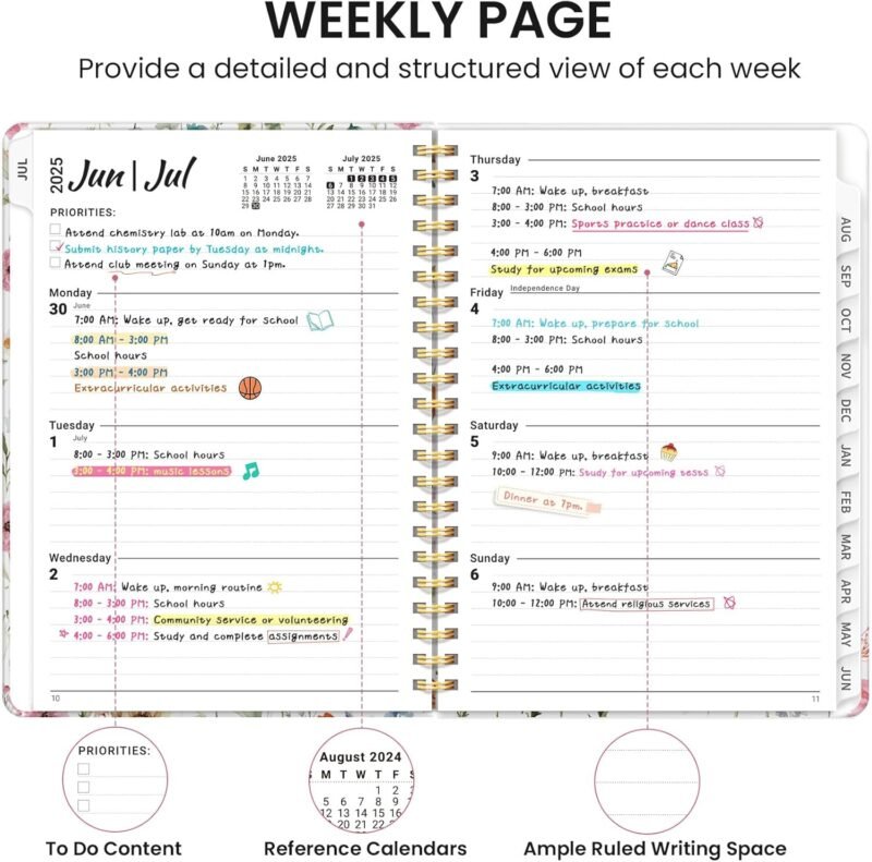 Planner 2025-2026, Academic Year Monthly and Weekly Calendar Planner, Jul 2025 - Jun 2026, Hardcover Teacher Student Planning Agenda book with Tabs, Perfect for School Office Supplies , 6.3" x 8.5" - Wildflower - Image 3