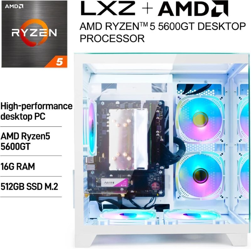 LXZ Desktop PC Computer Ryzen 5-5600GT 8 core 3.6GHz, 16G DDR4 RAM, 512G NVME SSD, Tower Computer with 400W Power Supply for Working, Home and Office (White) - Image 2