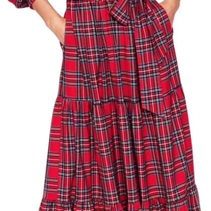 Women's Plaid Maxi Dress Button Up Tiered Ruffle Flowy Check Dresses Chirstmas Tartan Long Dress with Tie Belt