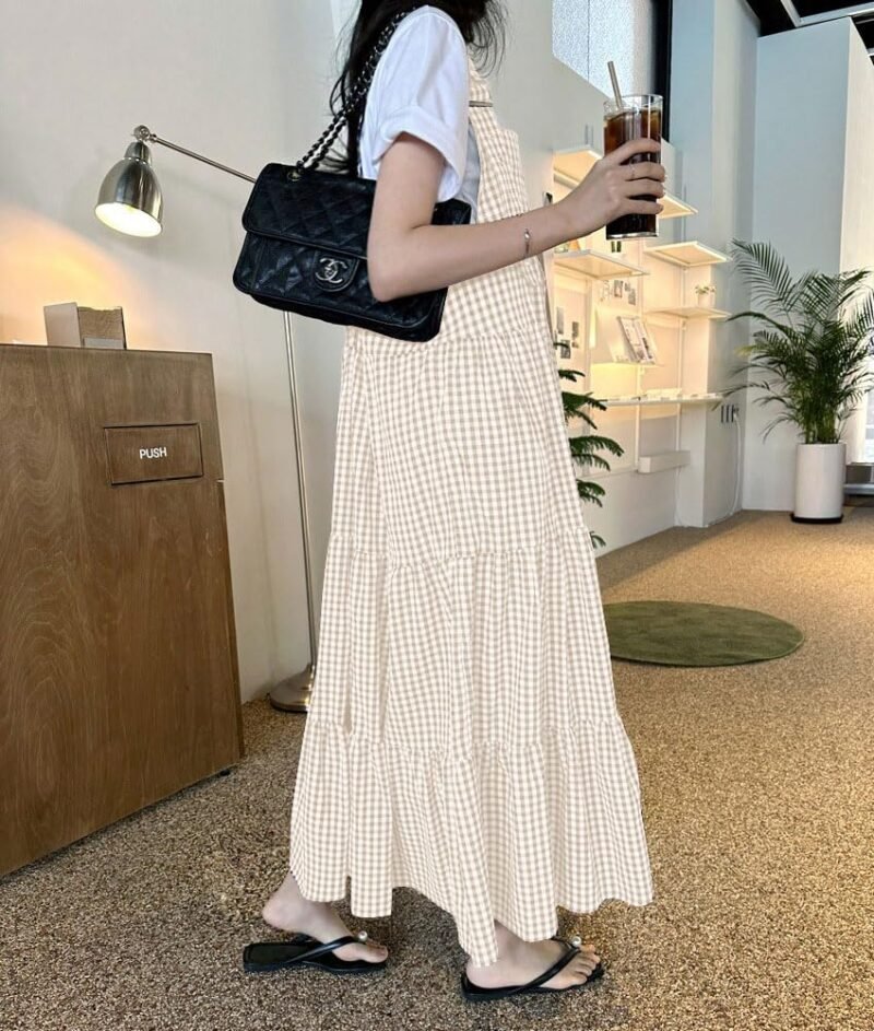 chouyatou Women's Retro Plaid Suspender Maxi Dress Sleeveless Ruffle Tiered Overall Jumper Long Dress - Image 2