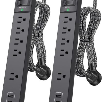 2 Pack Power Strip Surge Protector - 5 Widely Spaced Outlets 3 USB Charging Ports, 1875W/15A with 6Ft Braided Extension Cord, Flat Plug, Overload Surge Protection, Wall Mount for Home Office