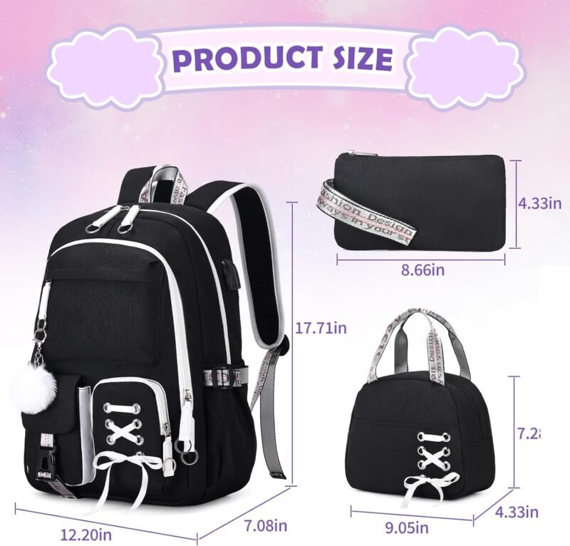 Backpacks for Girls, Girls Backpack with Lunch Box and Pencil Case for Teen Kids Elementary Middle High School College Student, Children School Backpack Bookbag with USB Charging Port (Black) - Image 2