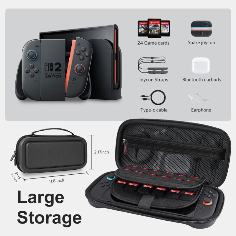 CoBak Large Capacity Carrying Case for Nintendo Switch 2 (2025) - 3 in 1 Accessories Bundle with 2 Screen Protectors, Thumb Grip Caps, 24 Game Cartridges, Hard Shell Portable Travel Pouch, Black - Image 2