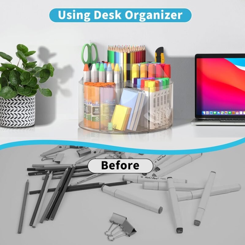 Acrylic Pen Holder for Desks, Acrylic Desk Organizer Clear, 360 Degree Pencil Holder for Desk Kids, Rotating Desk Organizer Rotating Pen Holder for Desk, Art Supply Storage Organizer 6 Compartments - Image 4