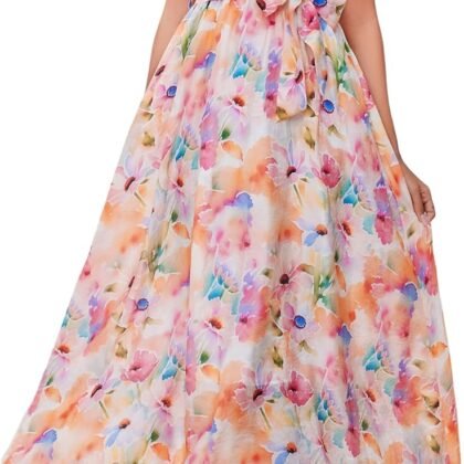 Kormei Women Wrap V Neck Boho Floral A Line Flowy Casual Short Sleeve Belted Wedding Guest Party Maxi Long Dress