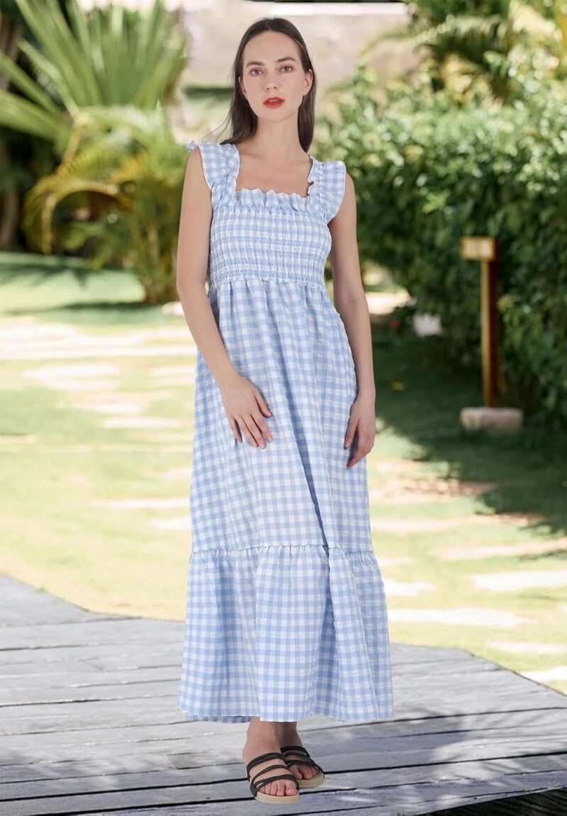 chouyatou Women's Retro Plaid Smocked Dress Spaghetti Strap Flounce Long Dress - Image 4