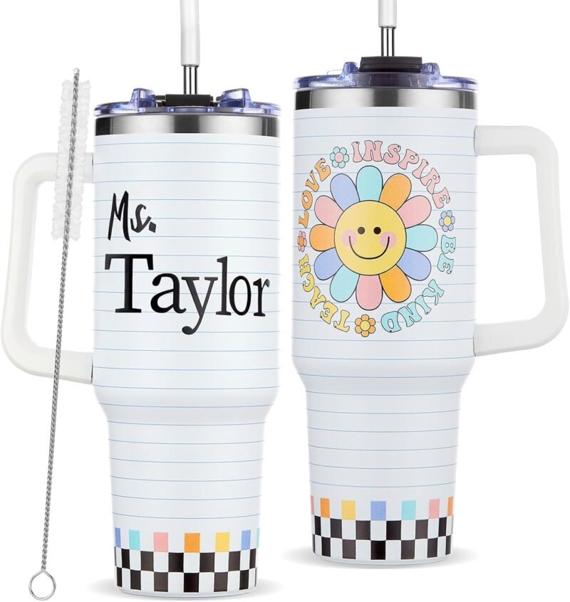 DIY Custom Teacher Appreciation Gifts for Men Women DIY Name Thank You Teacher Tumbler Mug 40OZ Smile Sunflower Stainless Steel Cup for Birthday Graduation Back to School Teacher’s Day Retirement Gift