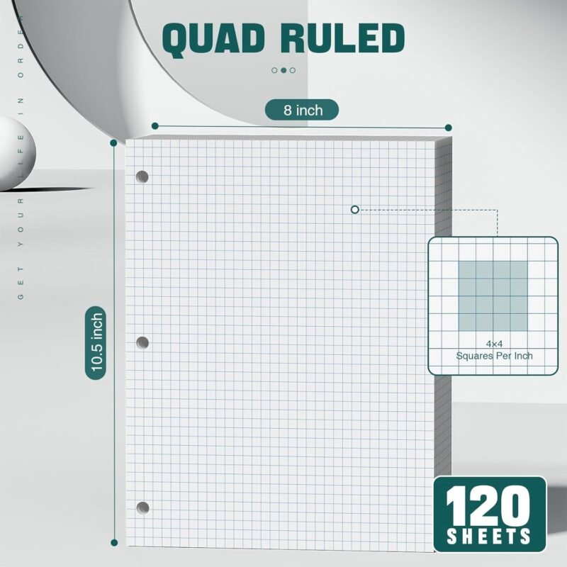 Loose Leaf Graph paper 8 x 10.5, Graph Ruled Paper, 3 Hole Punched Paper, 4 x 4 Quad Ruled Graph Paper, 10-1/2" x 8" Filler Paper Notebook Paper, 120 Sheets Graphing Paper for Business Home School - Image 3
