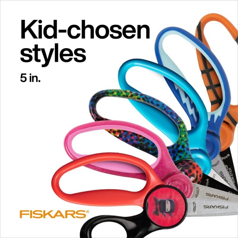 Fiskars 5" SoftGrip Blunt-Tip Scissors for Kids Ages 4-7 (3-Pack), Scissors for School or Crafting, Back to School Supplies, Blue, Purple, and Pink Designs - Image 5