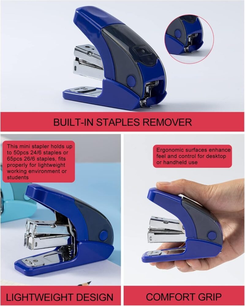 PAPERPAL Effortless Mini Stapler Set, 20 Sheet Capacity, Integrated Remover & Staple Storage, Holds 1/4" Staples, Includes 1000 Staples, Lightweight, Office, School & Daily Use, Dark Blue - Image 5