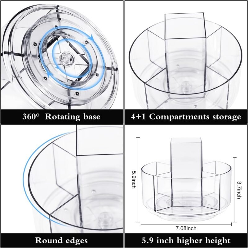 JIKIOU Acrylic Pen Holder, 360-Degree Rotating Pen Holder for Desk, Clear Desk Organizers and Accessories with 5 Compartments Pencil Organizer, Art Supply Storage Box Caddy for Office, Home - Image 5