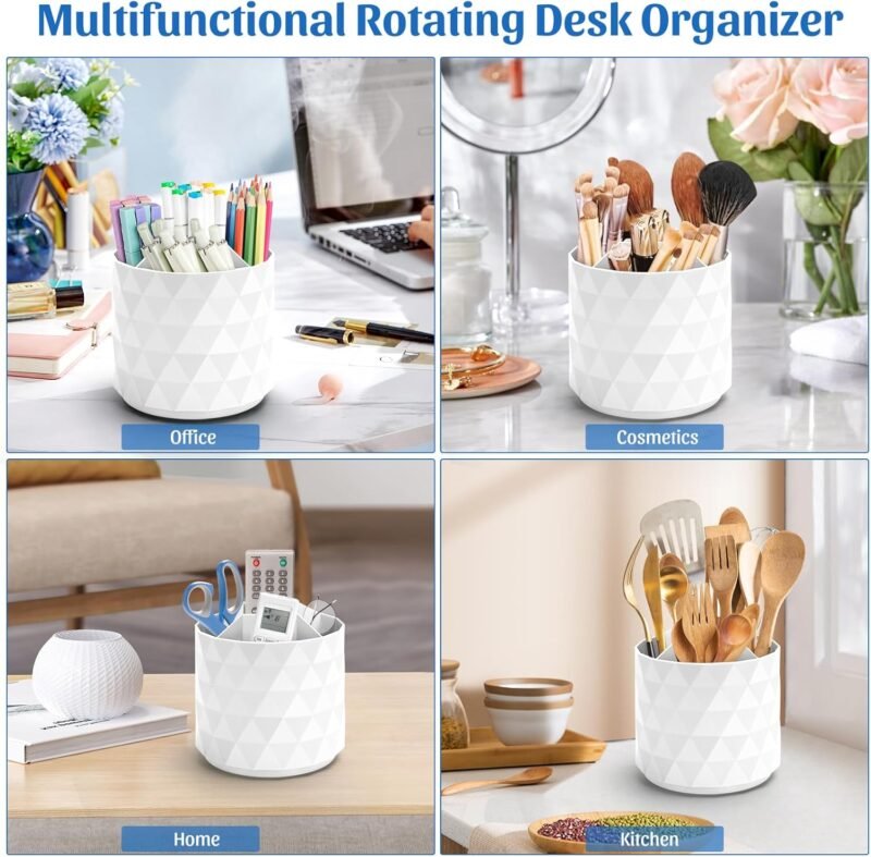 Desk Organizer,Sparkling Diamond-like Pen Holder for Desk 360°Rotating Office Accessories,Pencil Cup with 5 Compartments Storage Box Caddy for Office,School,Home,Art Supply(White) - Image 3