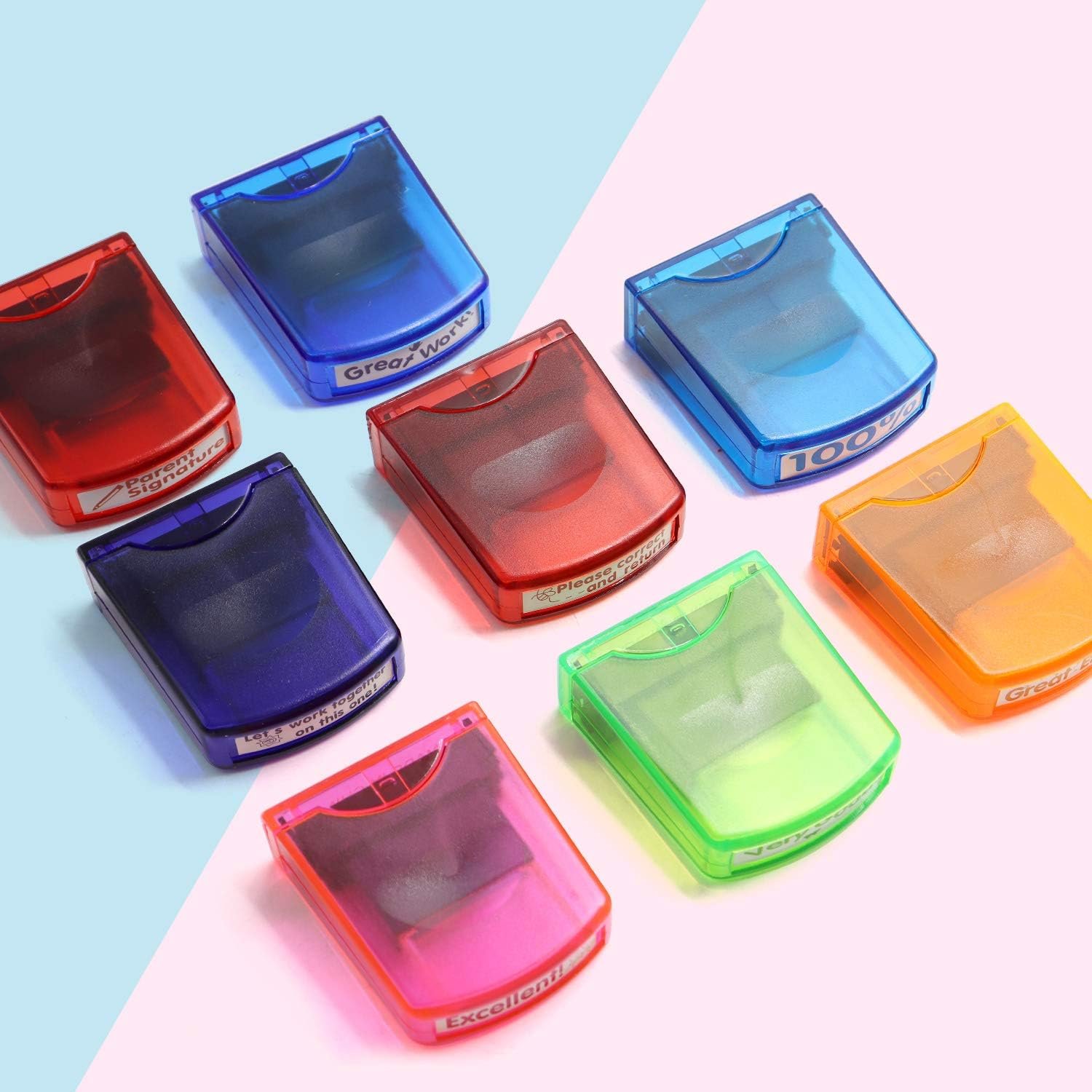 Reliancer Colorful Self-Inking Motivation School Grading Teacher Stamp Set and Tray (8-Piece) - Image 4