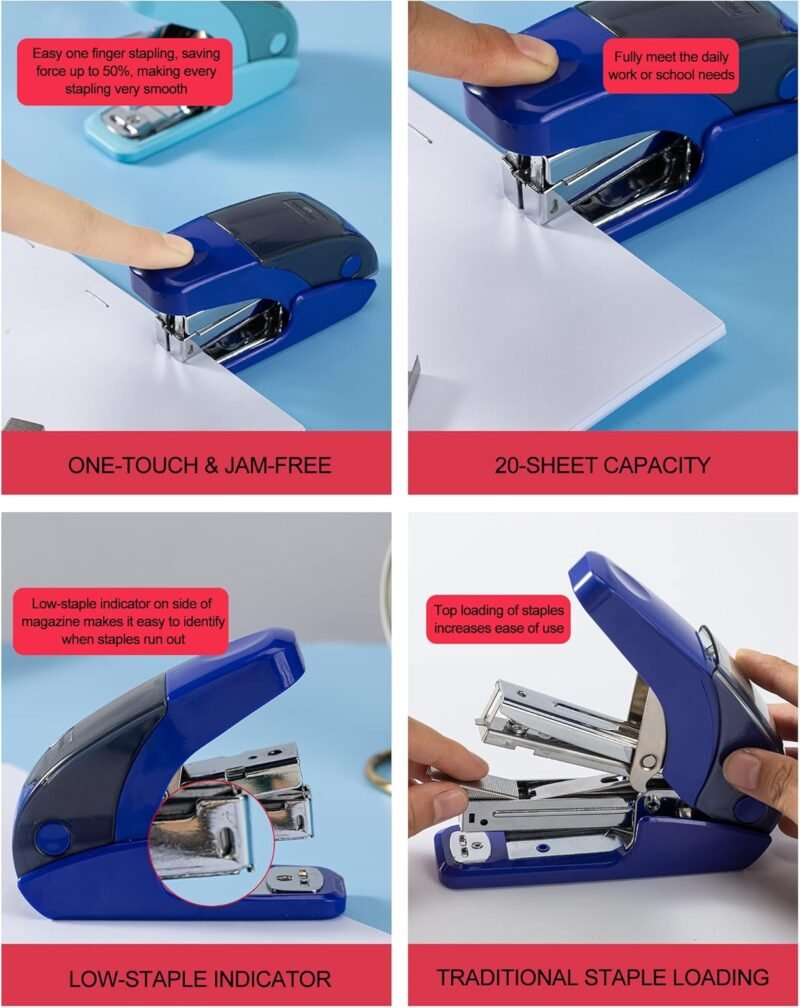 PAPERPAL Effortless Mini Stapler Set, 20 Sheet Capacity, Integrated Remover & Staple Storage, Holds 1/4" Staples, Includes 1000 Staples, Lightweight, Office, School & Daily Use, Dark Blue - Image 4