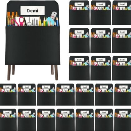 24 Pack Chair Pockets for Classrooms, 16 x 19 inch Pocket Chart Back of Chair Organizer for Kids with Name Slot, Seat Sacks for Classroom Chairs Seat Storage (Black, 24Pack)