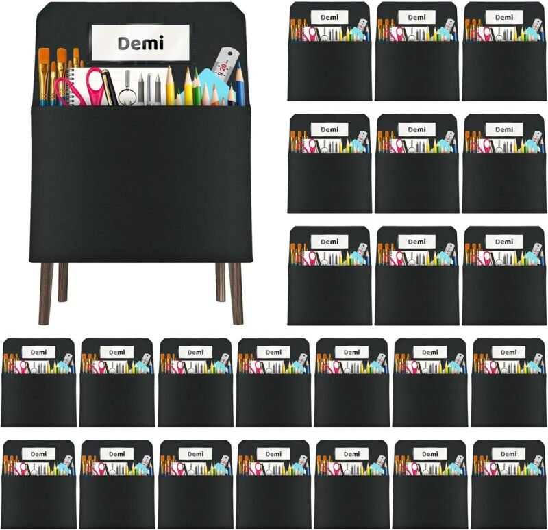 24 Pack Chair Pockets for Classrooms, 16 x 19 inch Pocket Chart Back of Chair Organizer for Kids with Name Slot, Seat Sacks for Classroom Chairs Seat Storage (Black, 24Pack)
