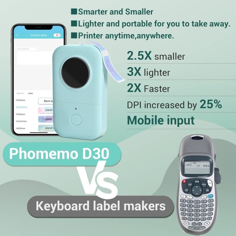 Phomemo D30 Mini Label Maker - Inkless Thermal Portable Bluetooth Label Printer with Tape with 1000+ Templates, Organized Zones for Home, Office, School, Store, Pantry, Green - Image 2