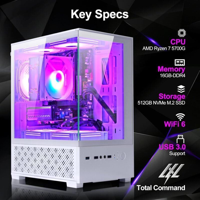 LXZ Desktop PC Computer AMD Ryzen 7-5700G 8 core 3.9GHz, 16G DDR4 RAM, 512GB NVME SSD, Tower Computer with Power Supply 400W for Home and Office (White) - Image 2