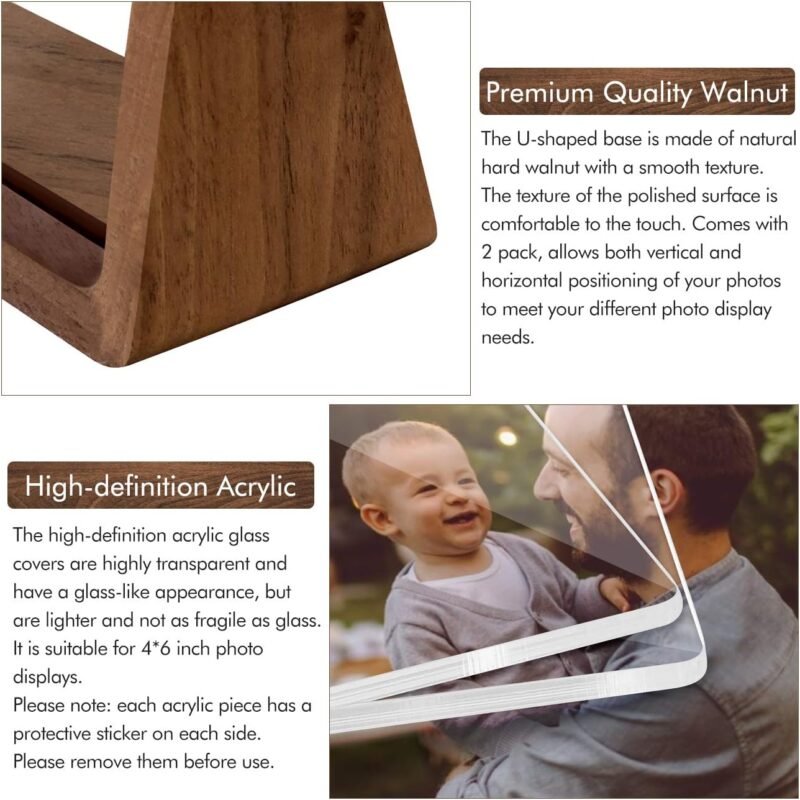 Mixoo 4x6 Wood Photo Picture Frame 2 Pack - Rustic Wooden Picture Frame with Walnut Wood Base and High Definition Break Free Acrylic Covers for Tabletop or Desktop Display (Horizontal + Vertical) - Image 2