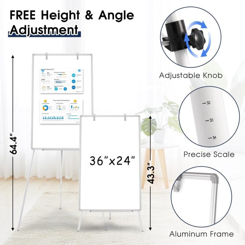 Magnetic Whiteboard Easel, 36"x24" Height Adjustable Dry Erase Board with Stand, Large Aluminium Frame White Board for Teaching, Flipchart Standing Writing Board for Office, Home (White) - Image 3