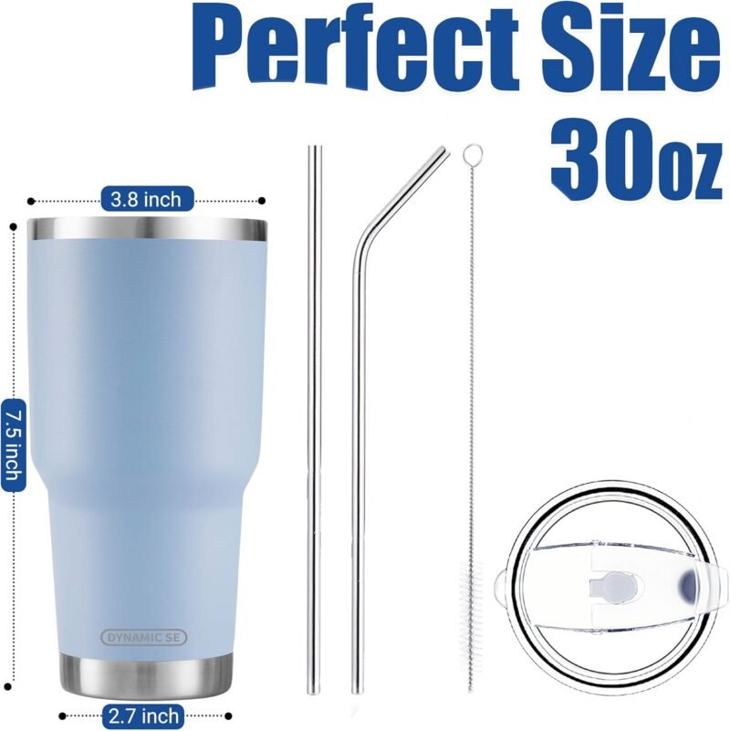 D·S 30oz Blue Tumbler Stainless Steel Double Wall Vacuum Insulated Mug with Straw and Lid, Cleaning Brush for Cold and Hot Beverages - Image 2