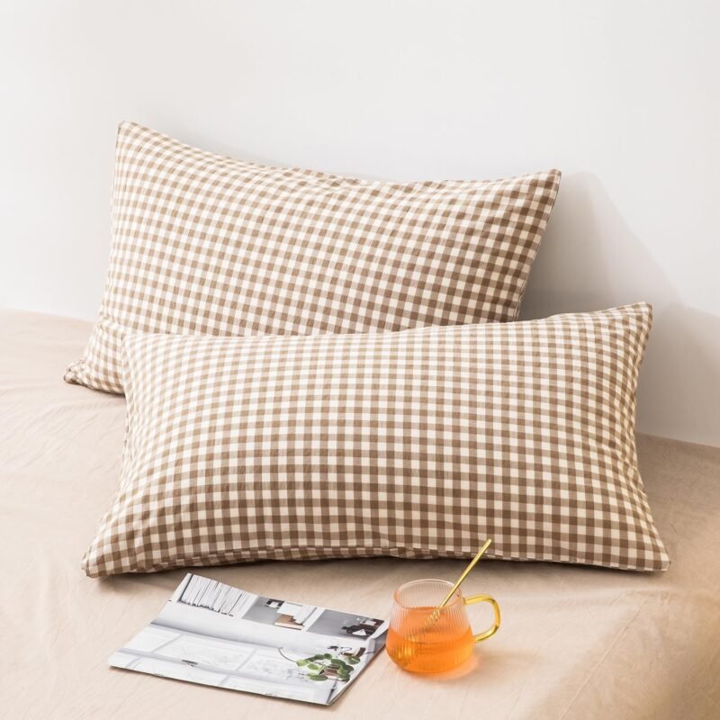 mixinni Tan Gingham Comforter Set Full, Plaid Comforter Set 3 Pieces 1 Beige Grid Comfoter with 2 Pillow Cases for All Seasons, Soft Fluffy Modern Grid Pattern Printed Bedding-Full Size - Image 7