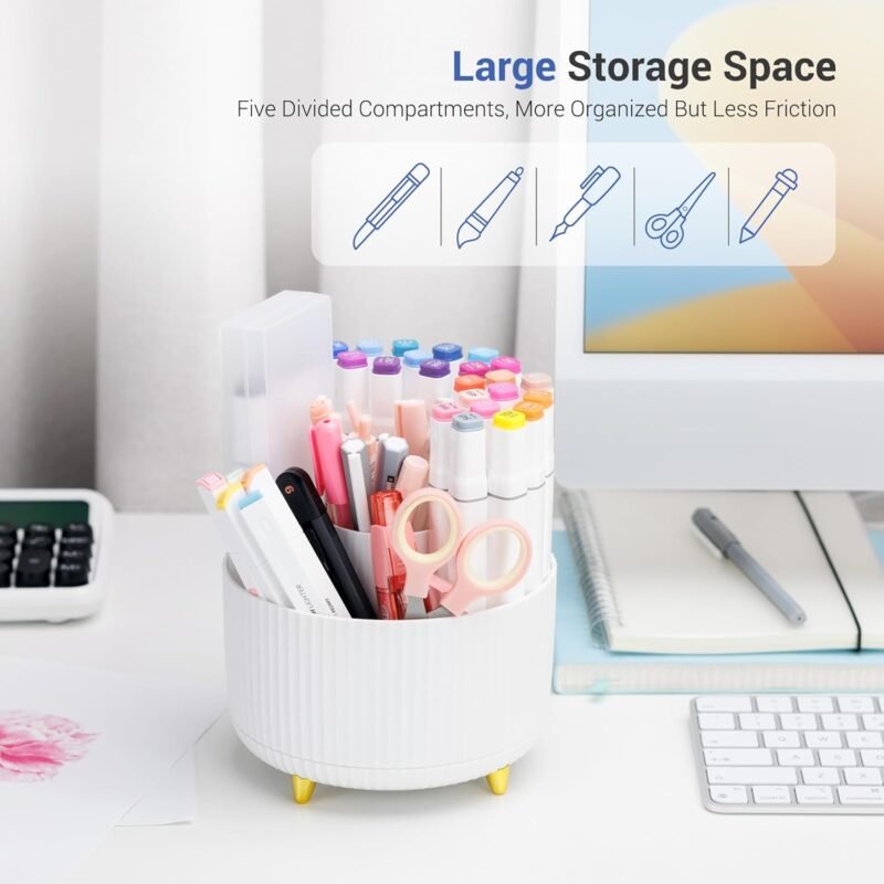 Pen Holder - Pencil Holder with 5 Compartments, 360°Rotating desk organizer and accessories for Women and Men,Desk Caddy for School,Teacher,Office,Art Supplies. Tidy Desk, Tidy Mind - Image 2